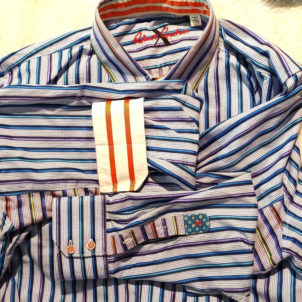 Robert Graham Blue/Purple/White Stripe Long Sleeve Flip Cuff Button Shirt 2XL